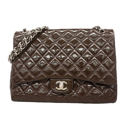 Chanel Shoulder Bag Maxi Quilted Patent Leather Brown Silver