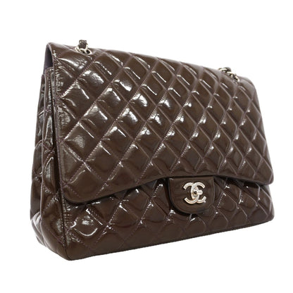 Chanel Shoulder Bag Maxi Quilted Patent Leather Brown Silver — view 2