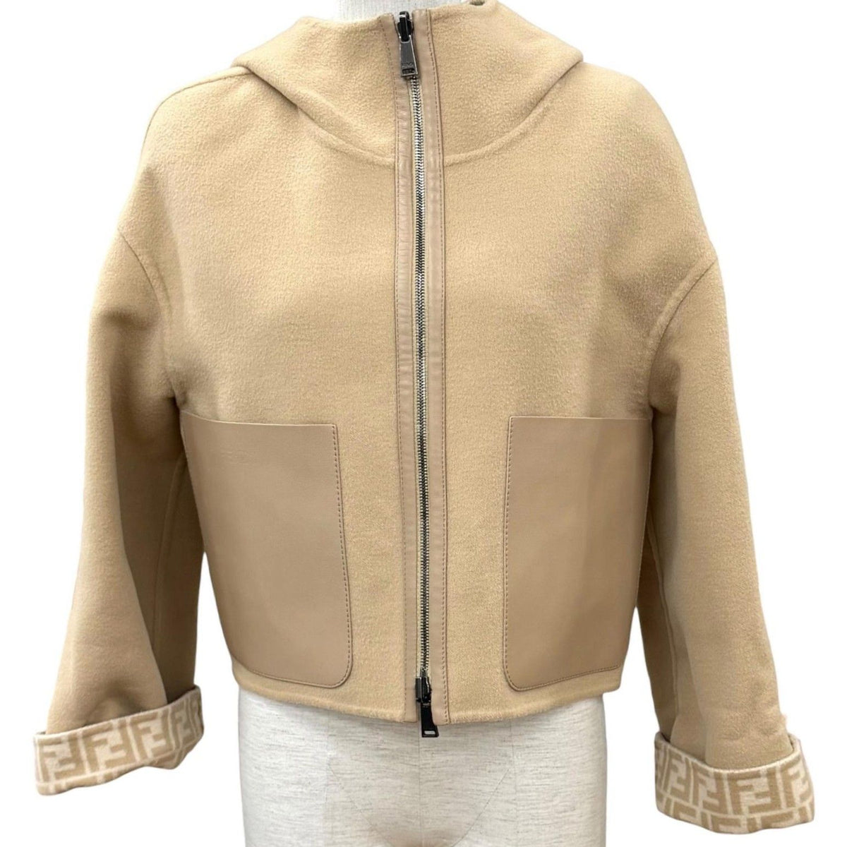Fendi Wool Silk Blend Reversible FF Motif Pocket Cropped Length Jacket 38