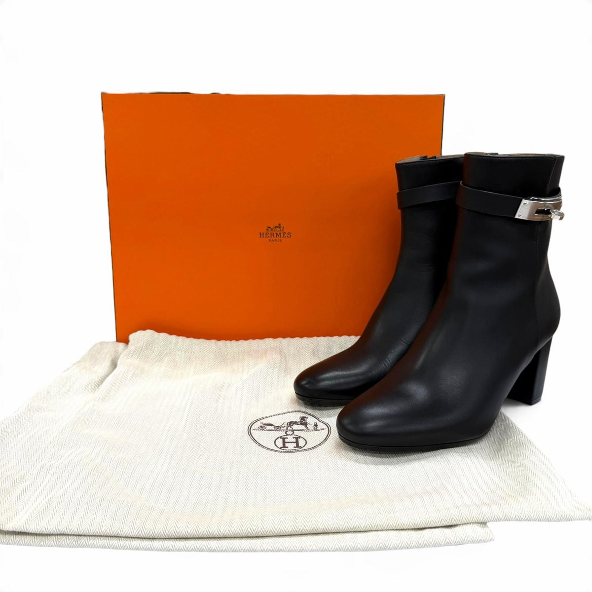 Hermes Saint Germain Silver Kelly Buckle Leather Short Boots Black IT — view 2