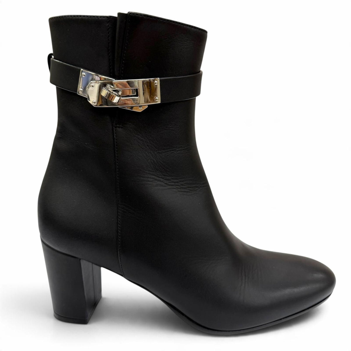 Hermes Saint Germain Silver Kelly Buckle Leather Short Boots Black IT — view 7