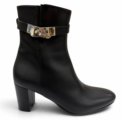 Hermes Saint Germain Silver Kelly Buckle Leather Short Boots Black IT — view 7