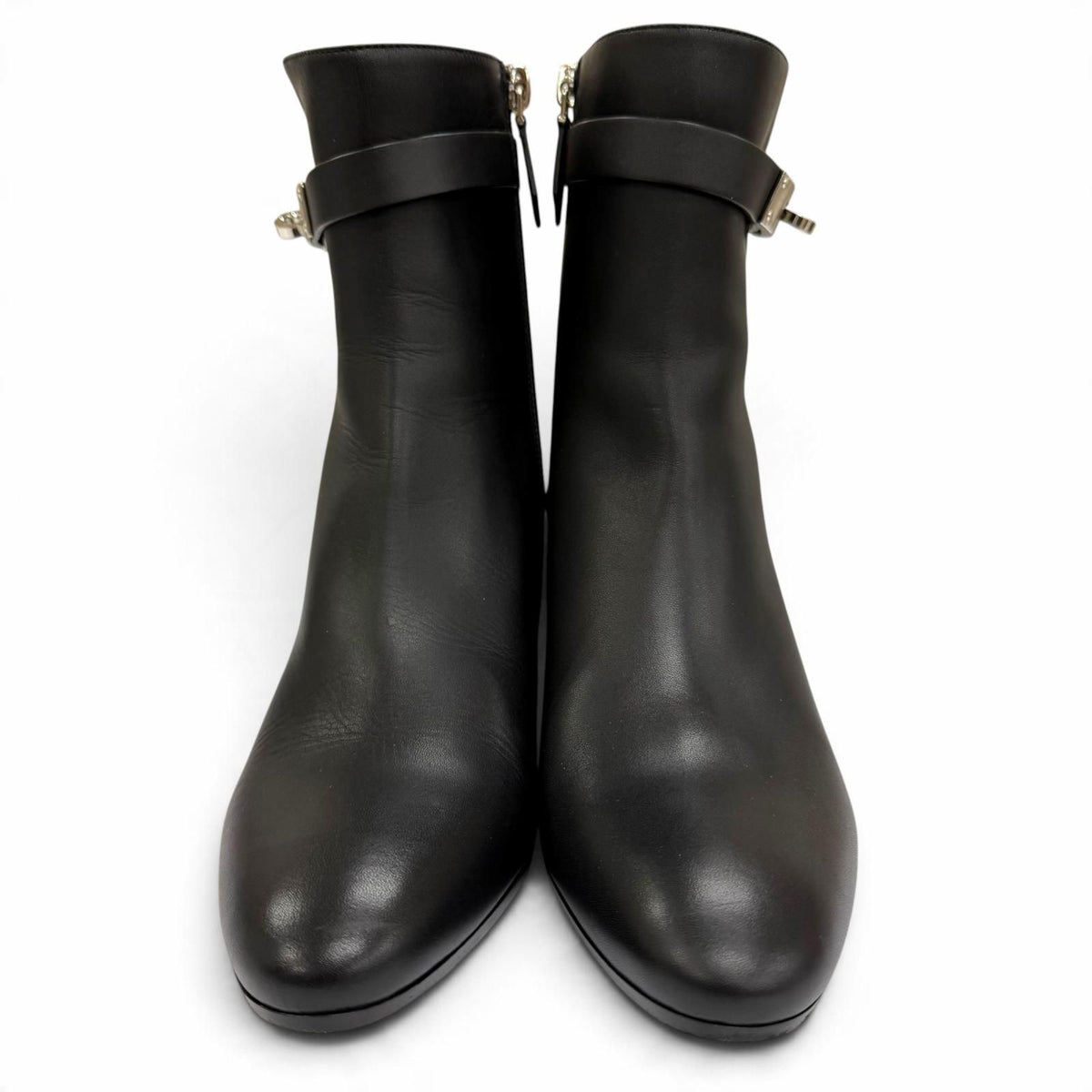Hermes Saint Germain Silver Kelly Buckle Leather Short Boots Black IT — view 3