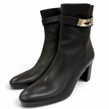 Hermes Saint Germain Silver Kelly Buckle Leather Short Boots Black IT