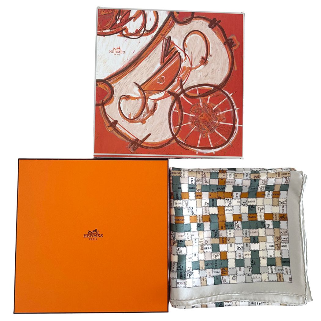 Hermes Scarf Carre 90 Bolduc Au Check Silk Gray Orange Logo Ribbon Large — view 6