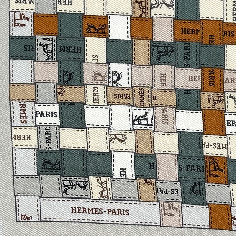 Hermes Scarf Carre 90 Bolduc Au Check Silk Gray Orange Logo Ribbon Large — view 3