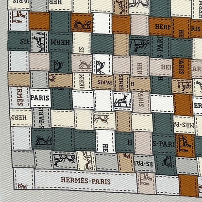 Hermes Scarf Carre 90 Bolduc Au Check Silk Gray Orange Logo Ribbon Large — view 3