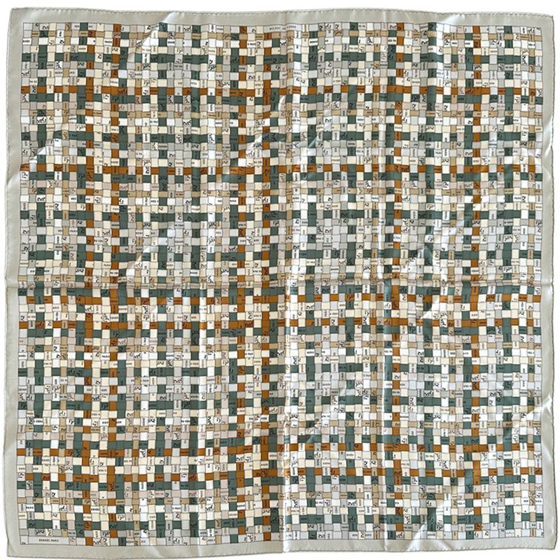 Hermes Scarf Carre 90 Bolduc Au Check Silk Gray Orange Logo Ribbon Large