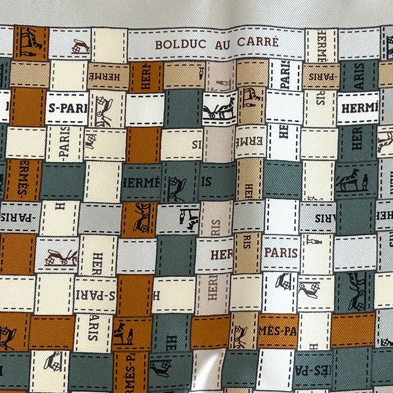Hermes Scarf Carre 90 Bolduc Au Check Silk Gray Orange Logo Ribbon Large — view 2
