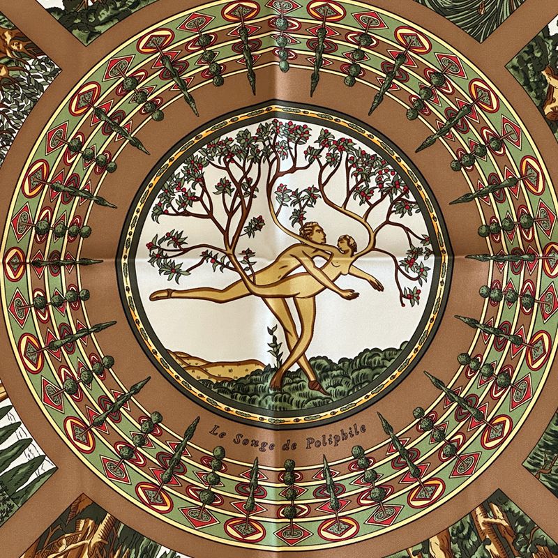 Hermes Scarf Carre 90 le Songe de Poliphile's Dream Silk Brown Green Animal — view 2