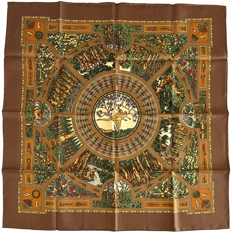 Hermes Scarf Carre 90 le Songe de Poliphile's Dream Silk Brown Green Animal