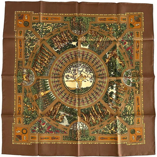 Hermes Scarf Carre 90 le Songe de Poliphile's Dream Silk Brown Green Animal