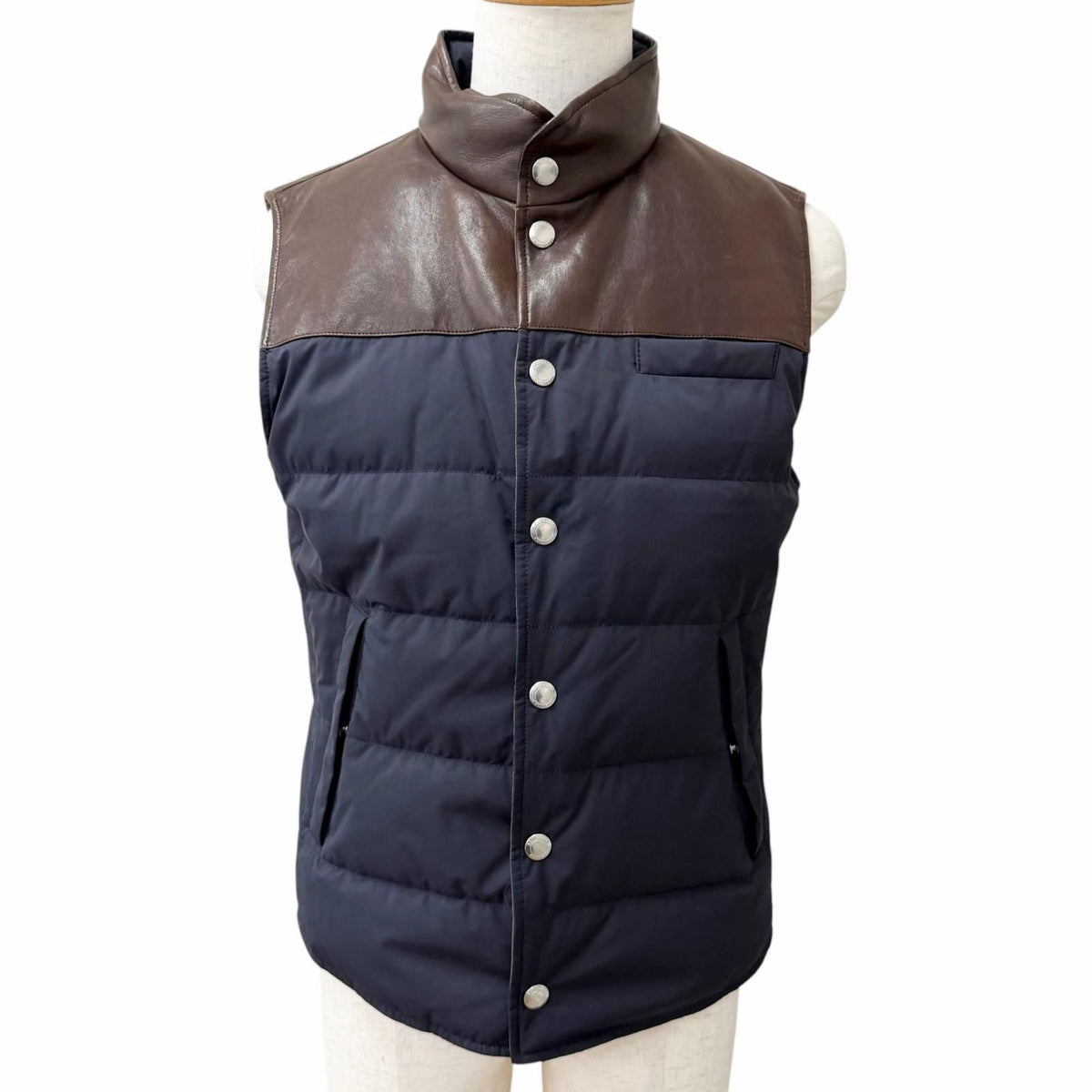 Brunello Cucinelli Lambskin Goose Feather Puffer Vest Navy Brown