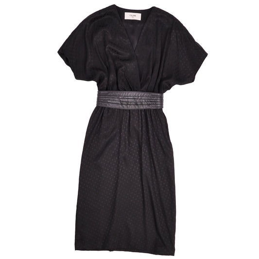 Celine Dress Short Sleeve Dot Leather Belt Silk Top Black 34