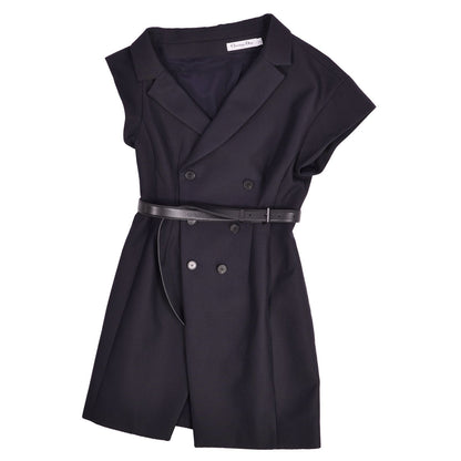 Dior Vest Gilet Long with Belt Asymmetric Top Wool Silk Navy US 4