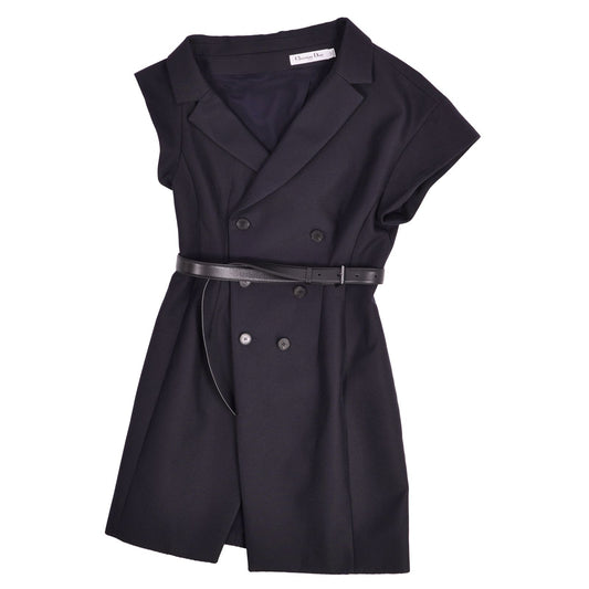 Dior Vest Gilet Long with Belt Asymmetric Top Wool Silk Navy US 4