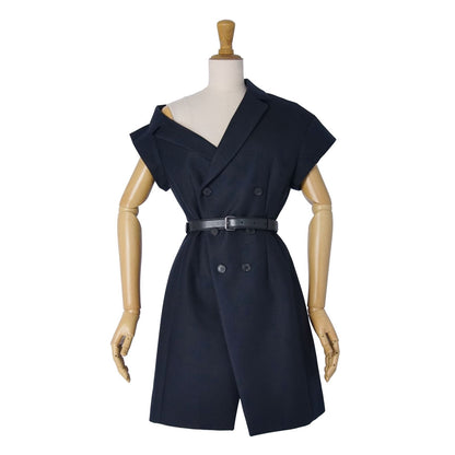 Dior Vest Gilet Long with Belt Asymmetric Top Wool Silk Navy US 4 — view 4