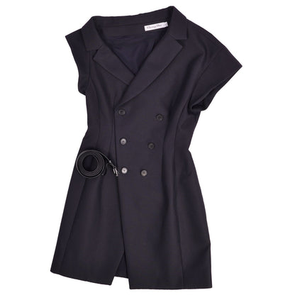 Dior Vest Gilet Long with Belt Asymmetric Top Wool Silk Navy US 4 — view 2