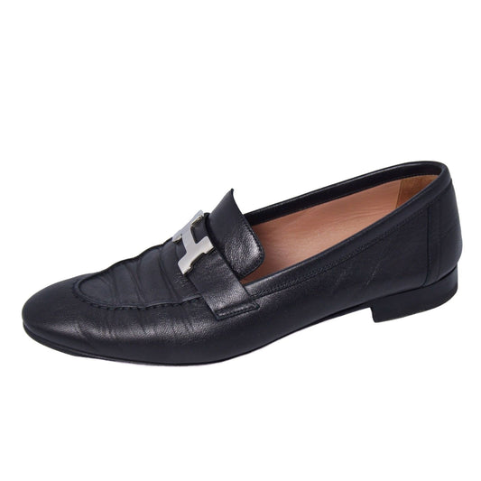 Hermes Loafers Moccasins Paris Constance H Logo Shoes Leather Black