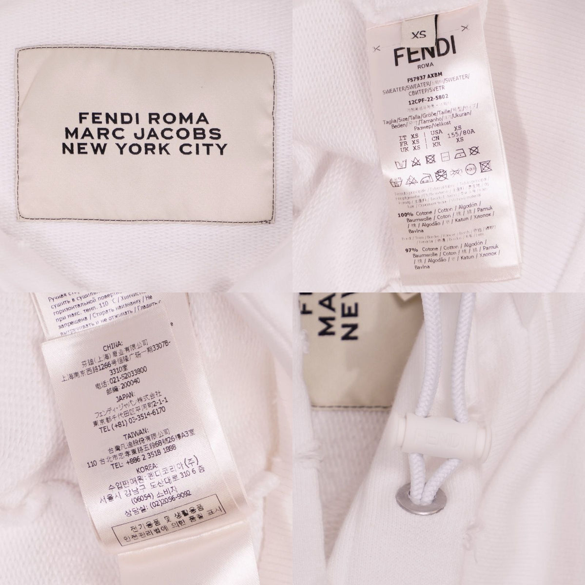 Fendi Hoodie Pocket Logo Distressed Long Sleeve Top Cotton White XS — view 6