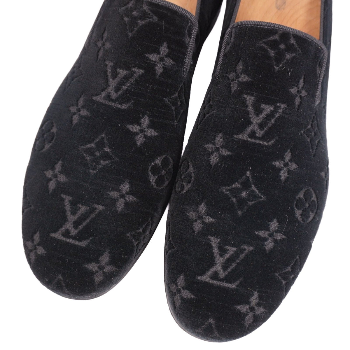 Louis Vuitton Loafers Slip-on Monogram Shoes Velour Black 6 — view 3