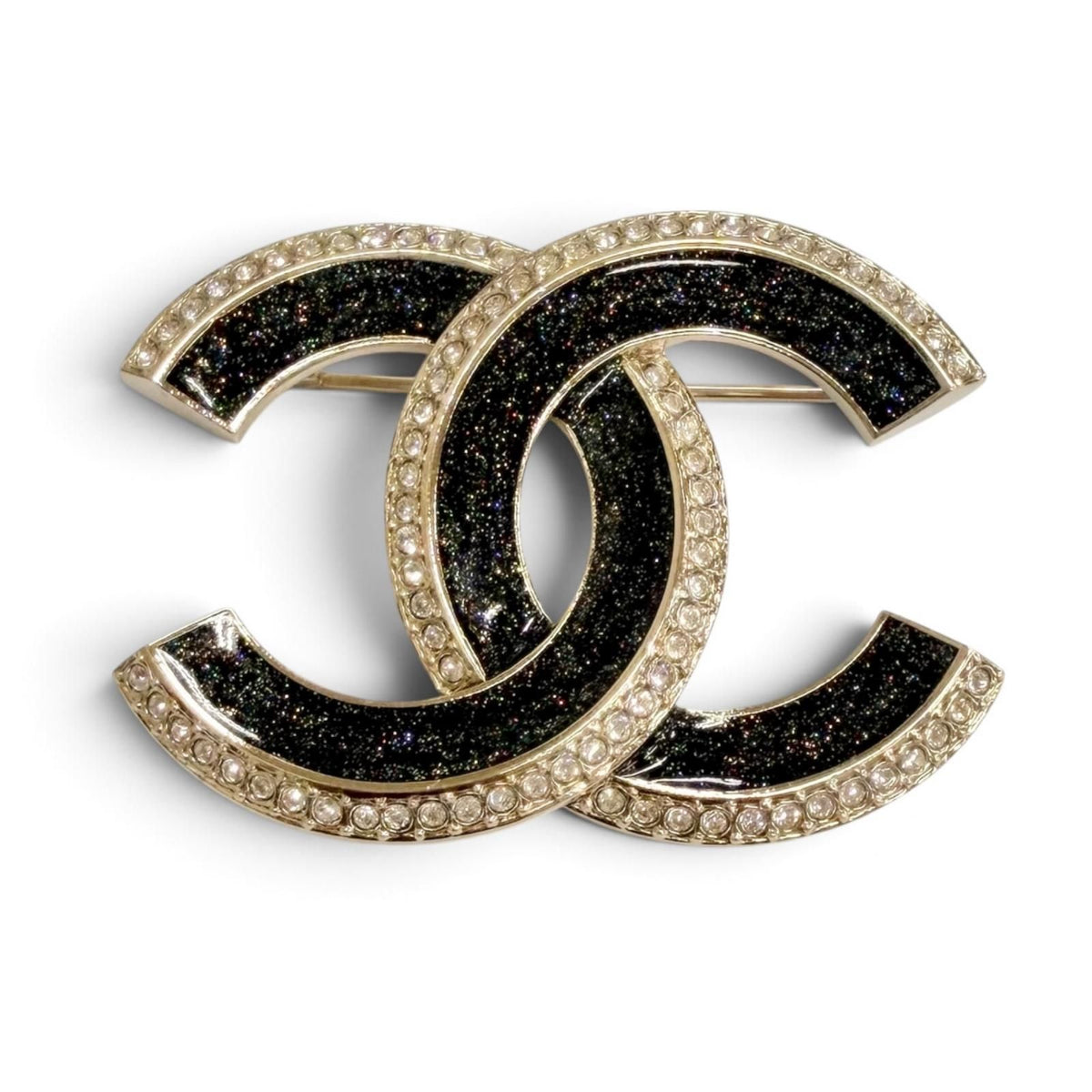 Chanel CC Logo Rhinestone Brooch Gold Black Glitter