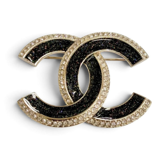 Chanel CC Logo Rhinestone Brooch Gold Black Glitter