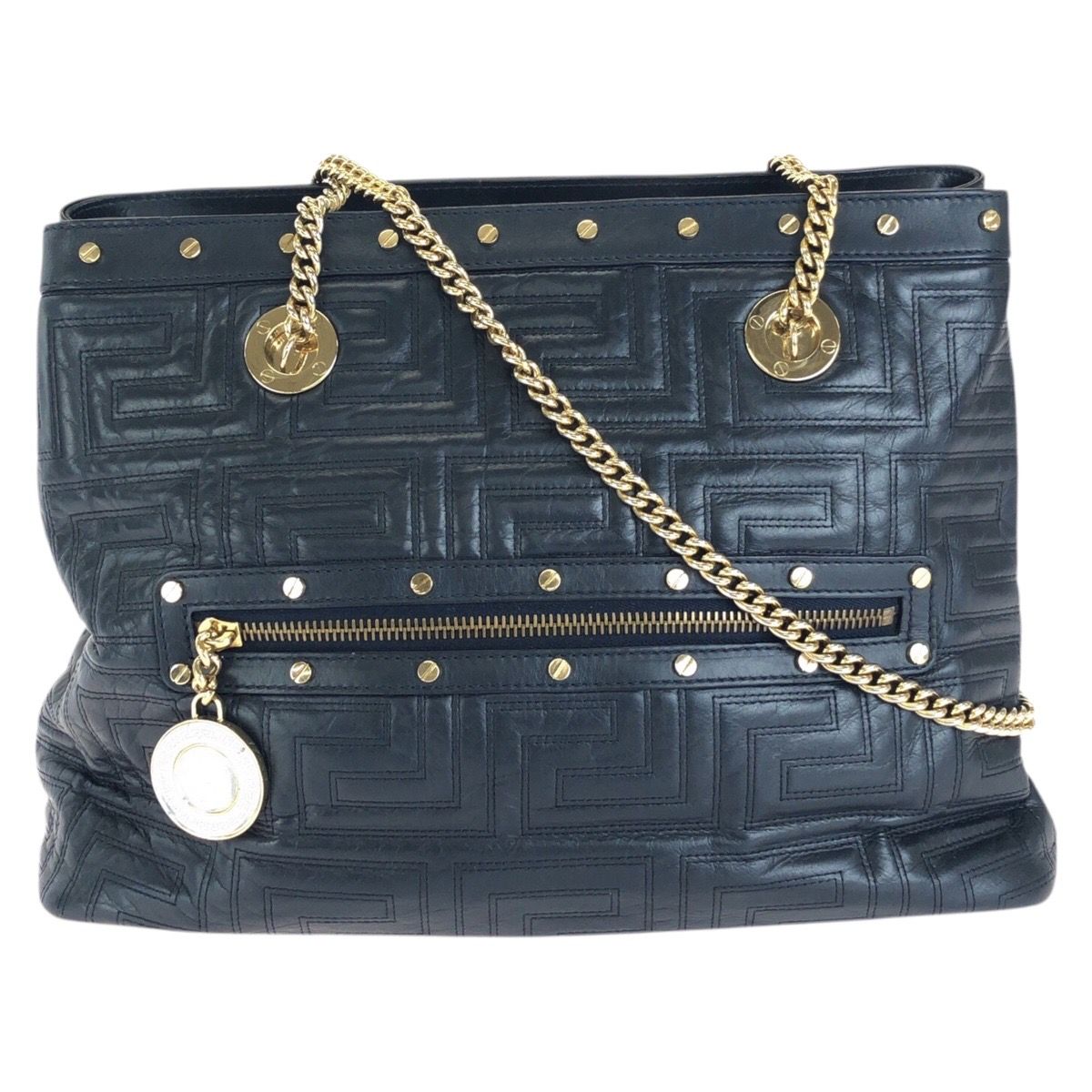 Versace Greca Medusa Chain Shoulder Bag Tote Navy Gold Leather