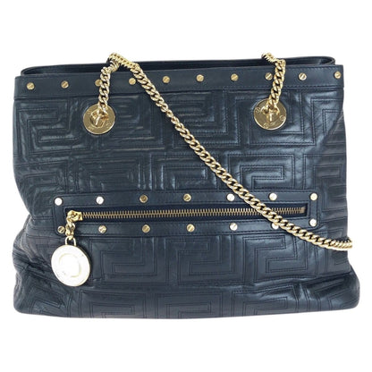 Versace Greca Medusa Chain Shoulder Bag Tote Navy Gold Leather