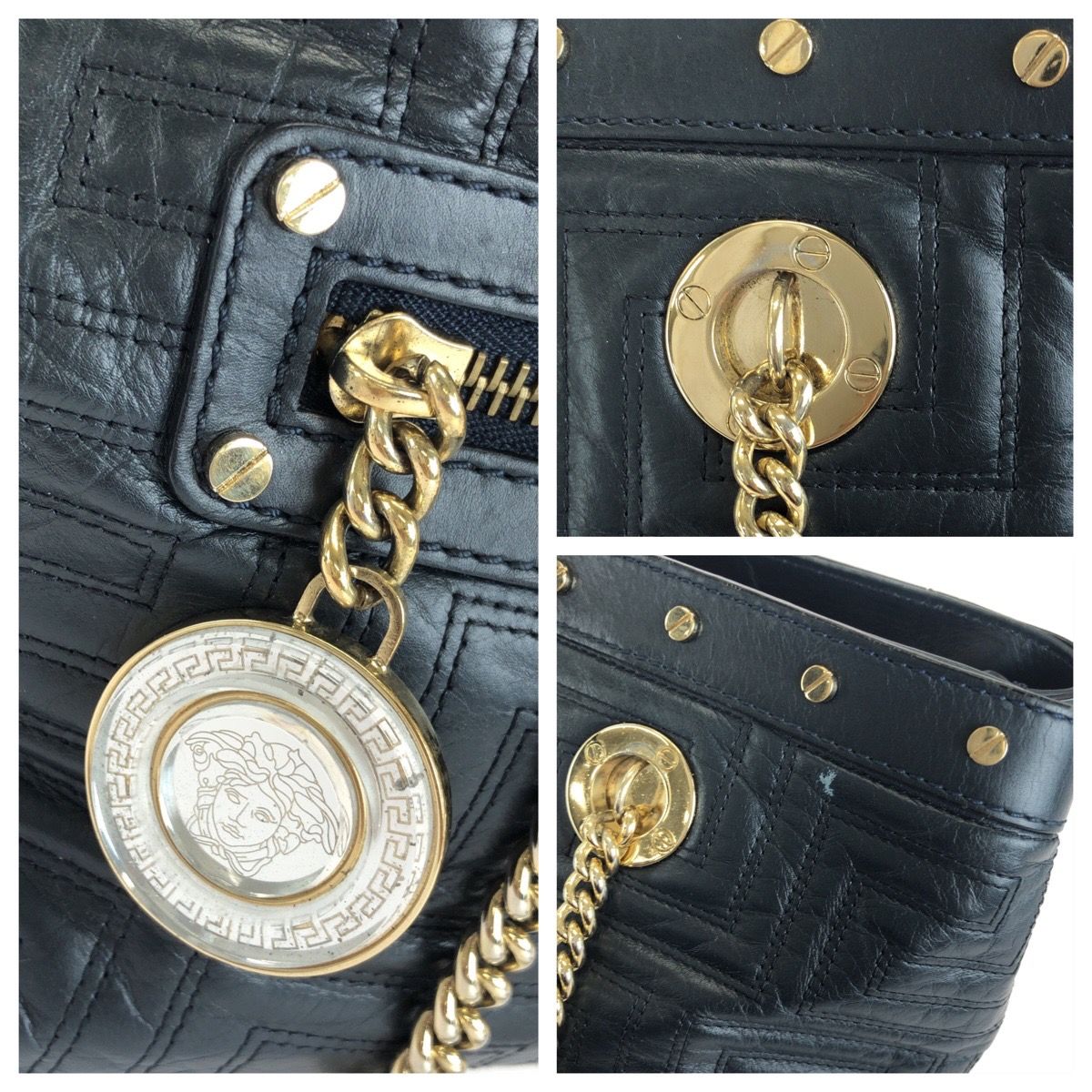 Versace Greca Medusa Chain Shoulder Bag Tote Navy Gold Leather — view 5