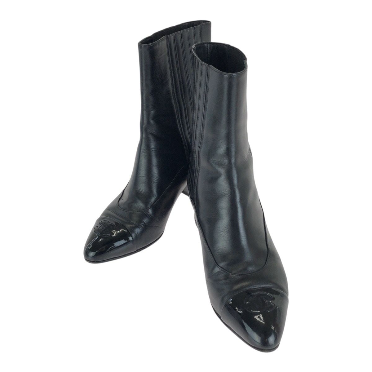Chanel CC Logo Ankle Boots Heels Black Gold Leather