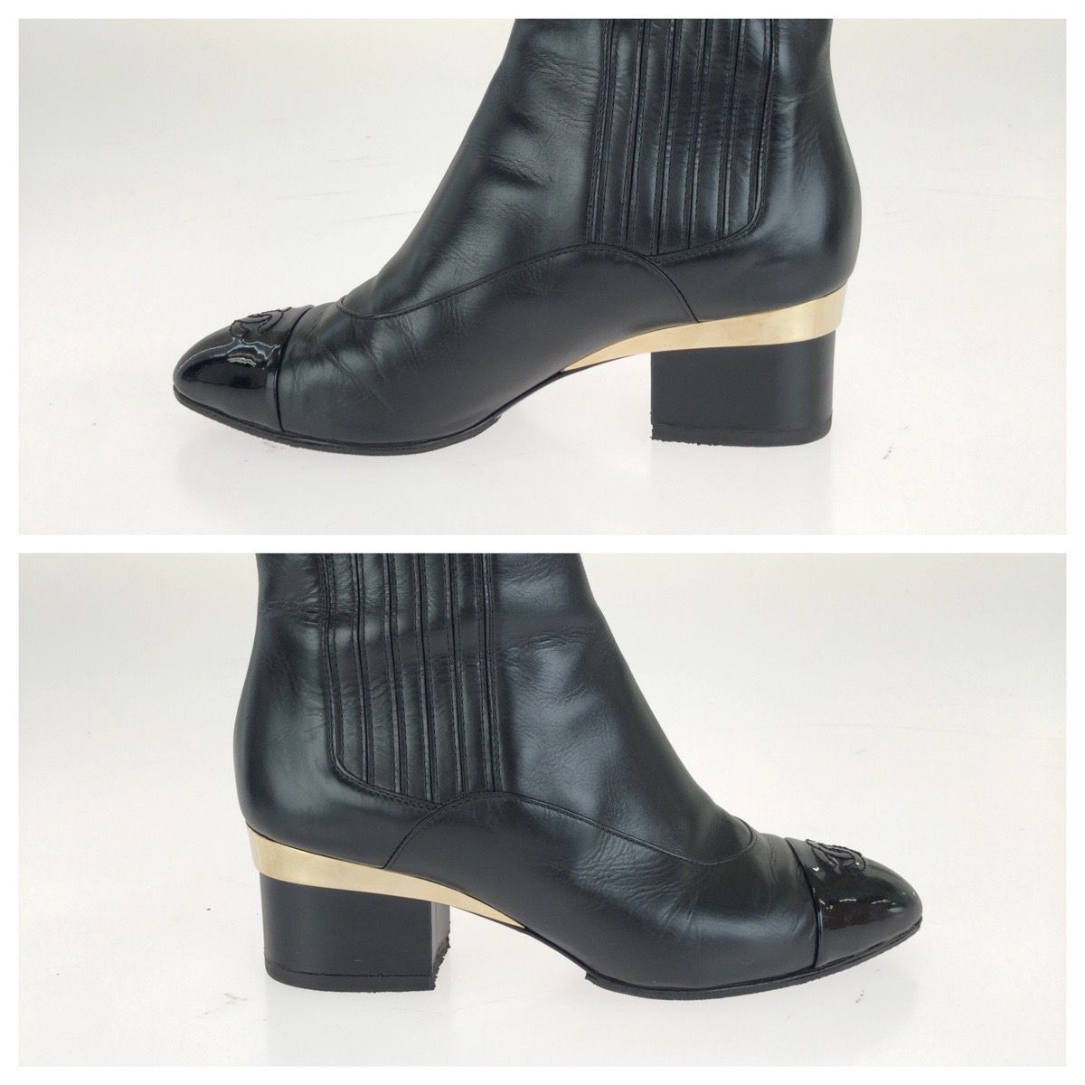 Chanel CC Logo Ankle Boots Heels Black Gold Leather — view 5