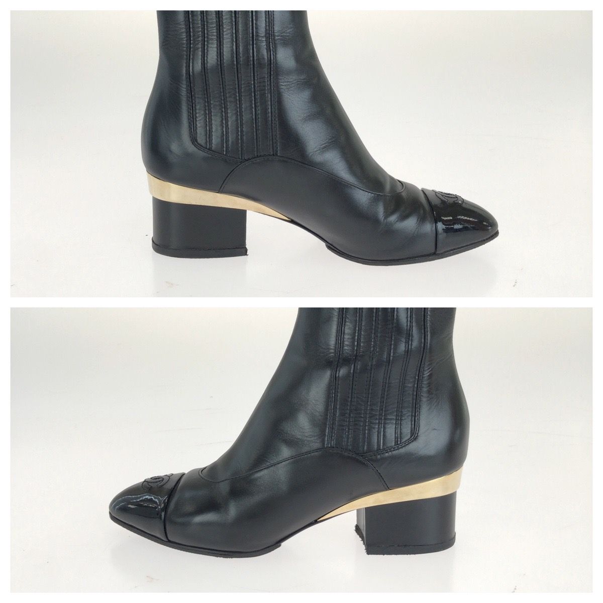 Chanel CC Logo Ankle Boots Heels Black Gold Leather — view 4