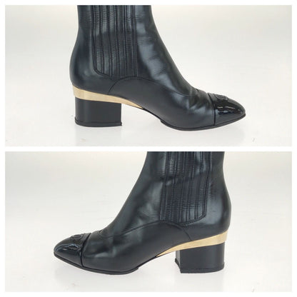 Chanel CC Logo Ankle Boots Heels Black Gold Leather — view 4