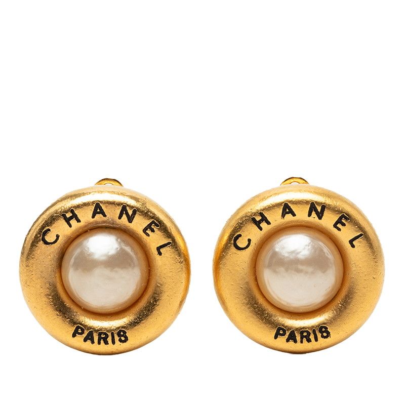Chanel CC Logo Vintage Earrings 94P Gold Plated Faux Pearl