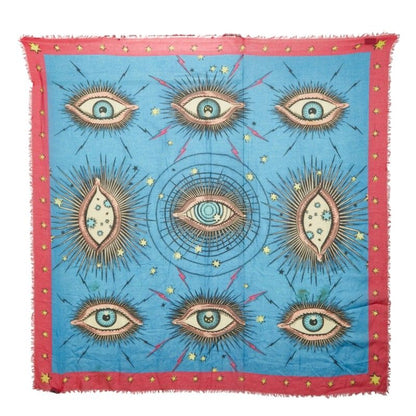 Gucci Eye Motif Shawl Large Blue Multicolor Rayon Silk Scarf