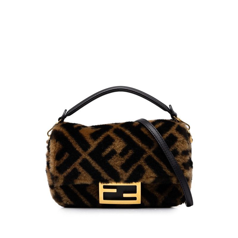 Fendi Zucca Mamma Bucket Chain Shoulder Bag Brown Black Fur Leather