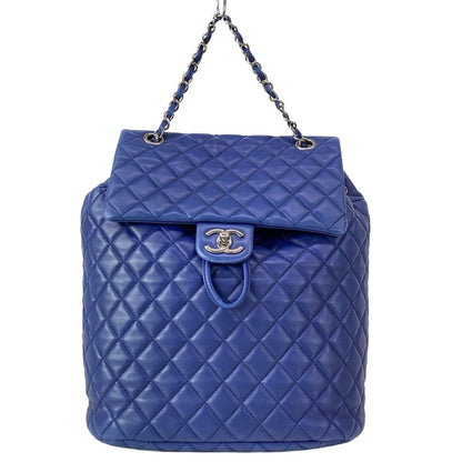 Chanel Backpack Quilted Blue Chain Shoulder Silver Drawstring Lambskin