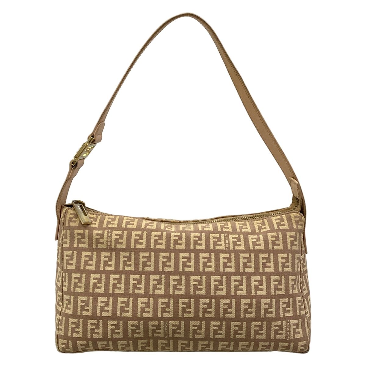 Fendi Shoulder Bag Zucchino Pattern Light Brown Beige Leather