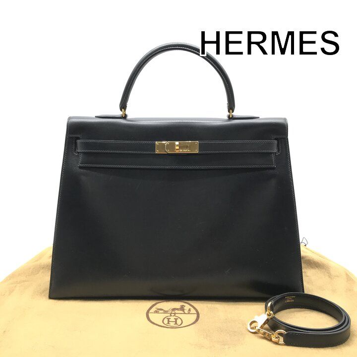 Hermes Kelly 35 Box Calf Gold 2-Way Bag Black