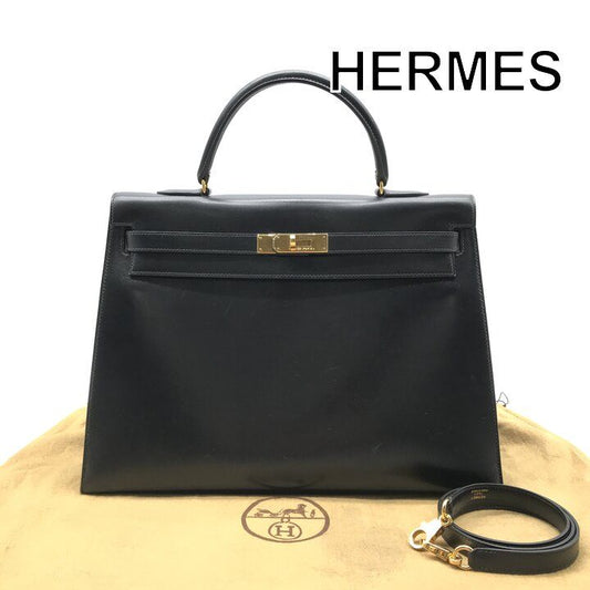 Hermes Kelly 35 Box Calf Gold 2-Way Bag Black
