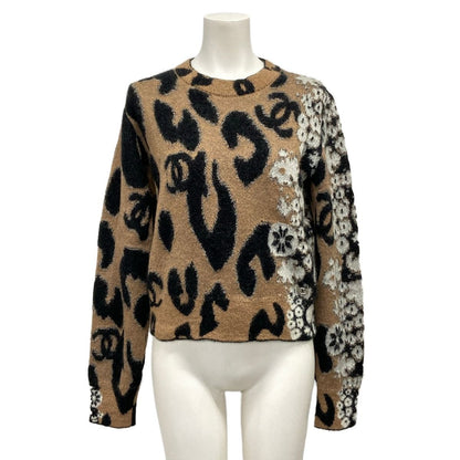 Chanel Long Sleeve Sweater M Beige Black White Leopard CC Logo Cashmere 38