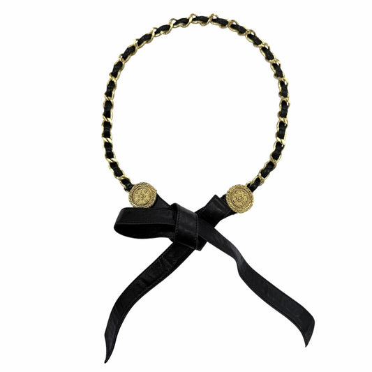 Chanel Vintage Metal CC Logo Leather Chain Ribbon Belt Gold Black