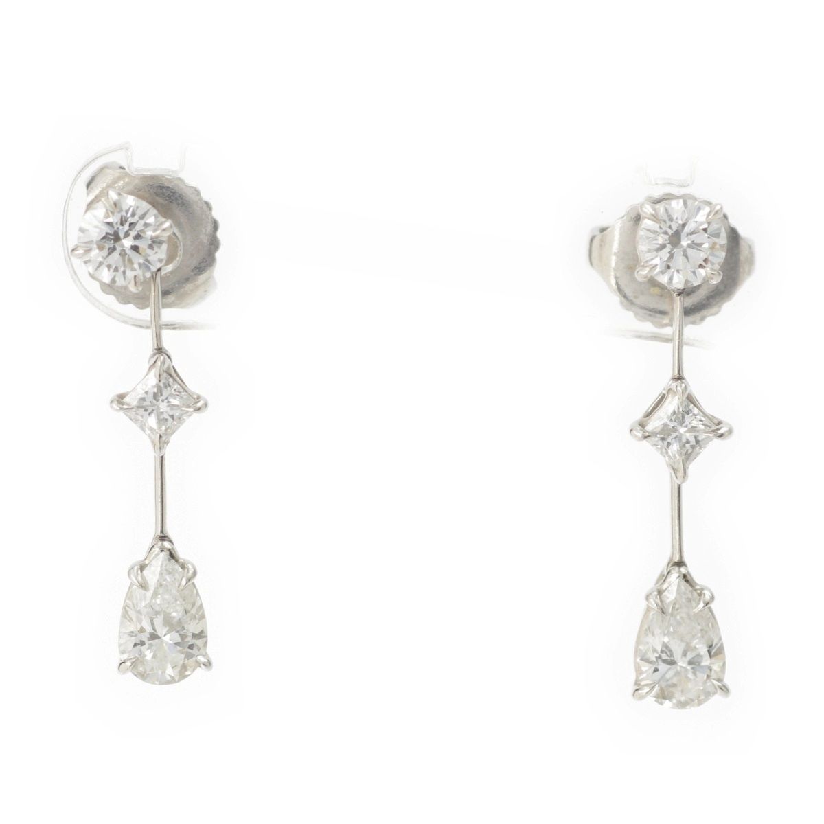 Harry Winston Three Stone Wire Drop Earrings Platinum Diamond Pear Shape Round