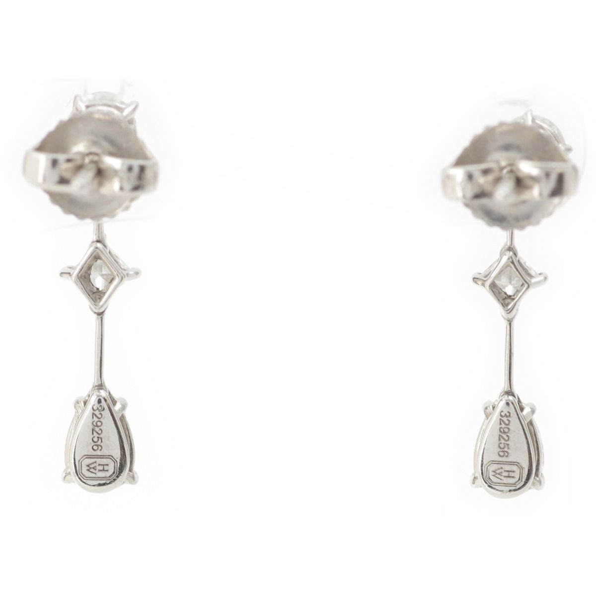 Harry Winston Three Stone Wire Drop Earrings Platinum Diamond Pear Shape Round — view 2