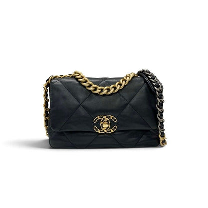 Chanel 19 Shoulder Bag Black Gold Silver CC Logo Turnlock Chain