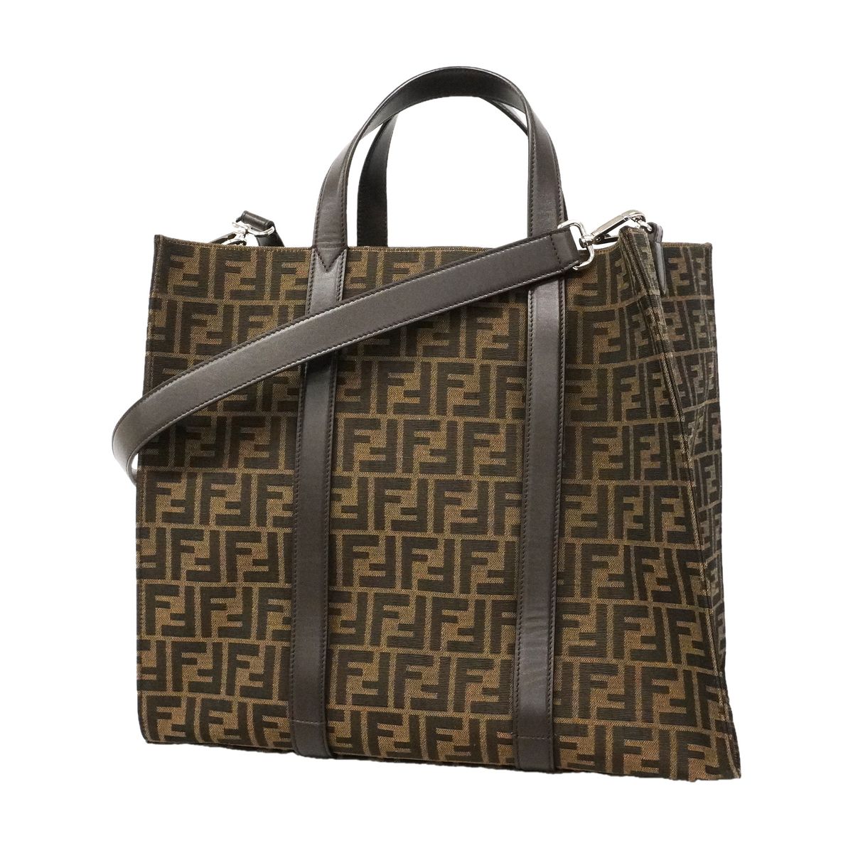 Fendi Tote Bag Zucca Nylon Canvas Brown Silver 2-Way
