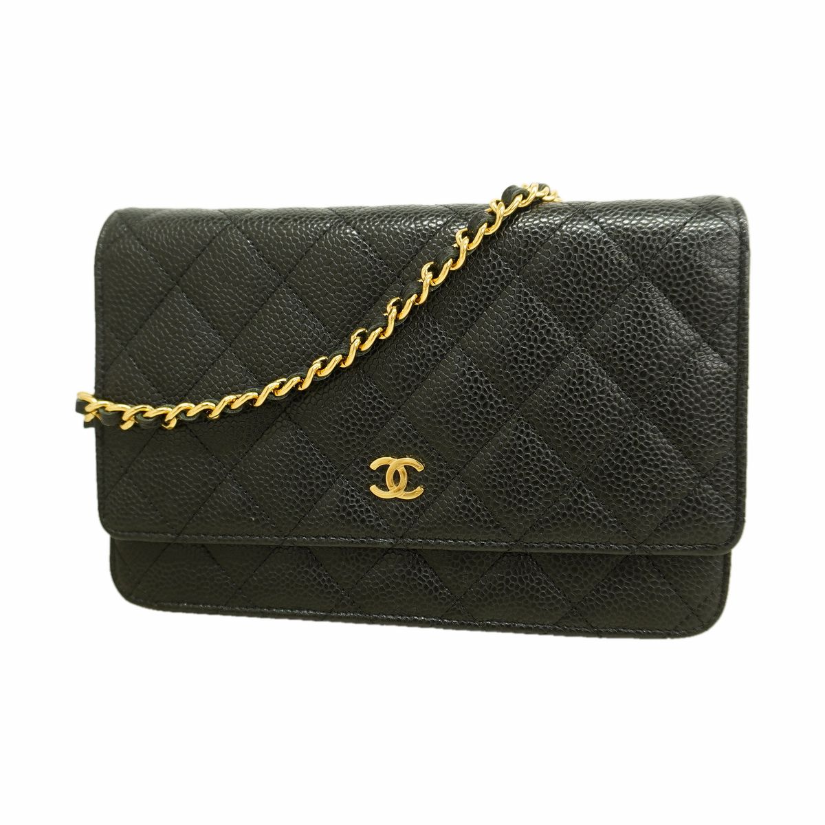 Chanel Wallet on Chain Quilted Caviar Leather Black Gold Shoulder Bag