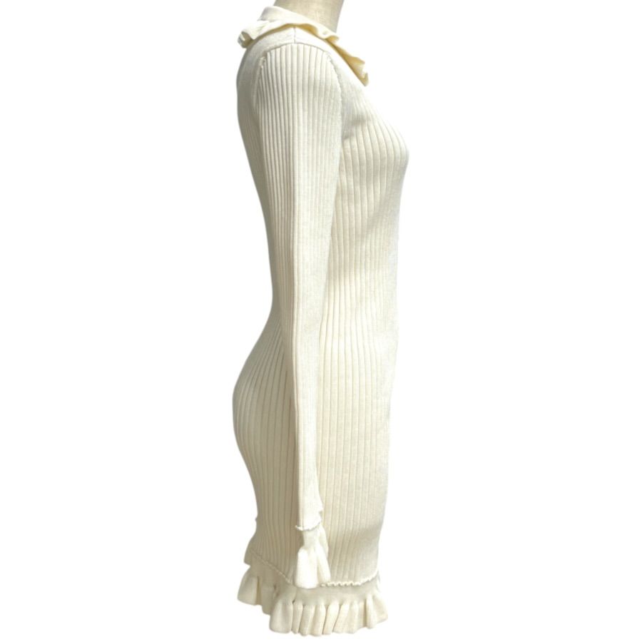 Louis Vuitton Long Sleeve Mini Dress Ruffle Rib Knit Rayon Wool White — view 4