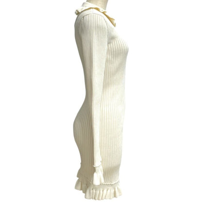 Louis Vuitton Long Sleeve Mini Dress Ruffle Rib Knit Rayon Wool White — view 4